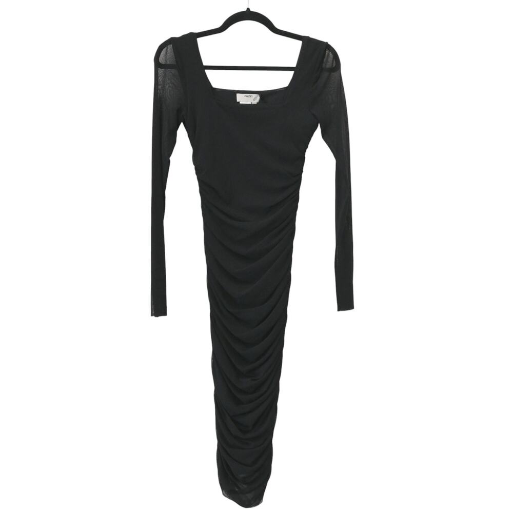 Fuzzi Ruched Bodycon Dress Size Medium Black Long Sleeve Square Neck Mesh